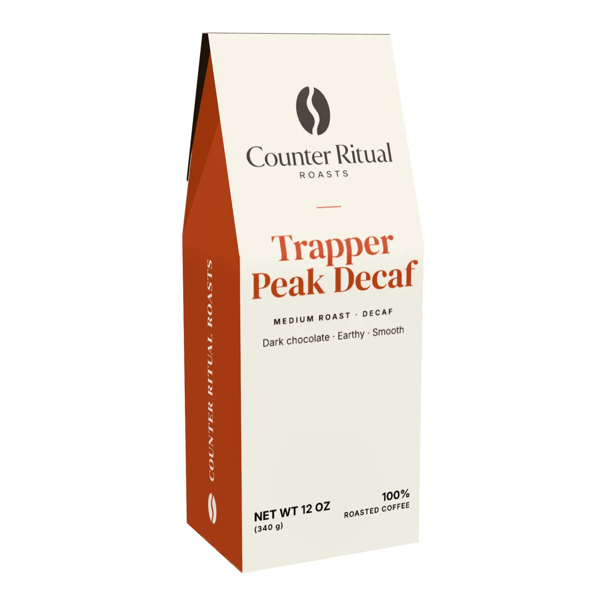 Trapper Peak Decaf Medium Roast Coffee, front of the 12 oz box